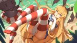  1girl ahoge ass baisi_shaonian beach black_panties blonde_hair covering covering_crotch elbow_gloves gloves hairband highres innertube kantai_collection long_hair looking_at_viewer lying no_shoes on_back open_mouth panties pleated_skirt rensouhou-chan sailor_collar shimakaze_(kantai_collection) skirt solo striped striped_legwear thigh-highs torn_clothes torn_panties underwear water white_gloves 