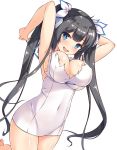  black_hair blue_eyes blue_ribbon breasts cleavage_cutout dress dungeon_ni_deai_wo_motomeru_no_wa_machigatteiru_darou_ka hestia_(danmachi) iroha_(unyun) large_breasts long_hair rei_no_himo ribbon twintails white_dress 