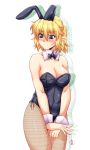  1girl alternate_costume animal_ears blonde_hair blush bowtie breasts bunnysuit cleavage detached_collar fishnet_pantyhose fishnets green_eyes highres large_breasts mizuhashi_parsee ootsuki_wataru pantyhose pointy_ears rabbit_ears short_hair simple_background solo touhou white_background wrist_cuffs 