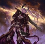  1girl armor blonde_hair blue_eyes breasts cleavage full_armor horns long_hair over_shoulder pixiv_fantasia pixiv_fantasia_fallen_kings pointy_ears shinazo solo sword sword_over_shoulder tail twintails weapon weapon_over_shoulder 