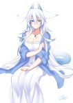  1girl animal_ears bloom blue_eyes breasts cleavage dragon_horns dragon_tail dress fox_ears heterochromia horns konshin large_breasts long_hair looking_at_viewer orange_eyes orie_hakua pixiv_fantasia pixiv_fantasia_new_world robe sitting sleeves_pushed_up smile solo tail very_long_hair white_background white_dress white_hair 