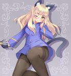  1girl animal_ears blonde_hair blush cat_ears cat_tail glasses military military_uniform one_eye_closed pantyhose perrine_h_clostermann saber_(weapon) shiromisoaji smile solo strike_witches sword tail thighband_pantyhose uniform weapon yellow_eyes 
