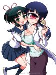  2girls :d artist_name bandaid blue_hair breasts cleavage cyclops extra_eyes green_eyes green_hair heart heart-shaped_pupils hitomi_(hitomi_sensei_no_hokenshitsu) hitomi_sensei_no_hokenshitsu hug labcoat large_breasts long_hair mitsumi_(hitomi_sensei_no_hokenshitsu) multiple_girls official_art one-eyed open_mouth payot pink_eyes ponytail school_nurse school_uniform shake-o siblings simple_background sisters smile symbol-shaped_pupils teacher_and_student white_background 