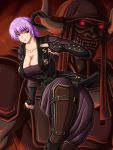 1girl ayane ayane_(doa) breasts cleavage collarbone dead_or_alive gauntlets greaves headband highres japanese_clothes large_breasts mucoro ninja oni_mask purple_hair red_eyes short_hair 