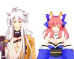  1boy 1girl animal_ears bare_shoulders blush breasts caster_(fate/extra) cleavage crossover detached_sleeves fate/extra fate_(series) fox_ears hair_ribbon japanese_clothes kogitsunemaru long_hair looking_at_another pink_hair red_eyes ribbon silver_hair simple_background tagme touken_ranbu twintails white_background yellow_eyes 