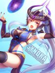  1girl alonsword armpits breasts character_name cleavage elbow_gloves fingerless_gloves gloves highres lace large_breasts league_of_legends long_hair looking_at_viewer nail_polish open_mouth rei_no_himo ribbon silver_hair solo syndra very_long_hair violet_eyes 