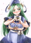  1girl blush breasts capelet embarrassed green_eyes green_hair hat heart heart_hands long_hair mima ribbon skirt solo touhou touhou_(pc-98) under_boob yohane 