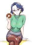  black_eyes black_legwear blue_hair breasts crossed_legs doughnut earrings food glasses go!_princess_precure holding impossible_clothes impossible_shirt jewelry necklace pantyhose precure red-framed_glasses shirt short_hair sitting sketch skirt smile tachi_kyouko ueyama_michirou 