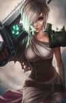  1girl armor bandages broken broken_weapon clockwork-cadaver face_painting gloves hair_over_one_eye league_of_legends looking_at_viewer red_eyes riven_(league_of_legends) silver_hair solo sword weapon 
