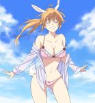  1girl ^_^ agahari animal_ears bare_shoulders blush bow bra breasts charlotte_e_yeager cleavage closed_eyes clouds collarbone frills grin highres long_hair long_sleeves mound_of_venus navel off_shoulder orange_hair panties pink_bra pink_panties ponytail rabbit_ears sky smile solo strap_slip strike_witches tail underwear 