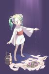  1girl barefoot bucket dress flower full_body green_eyes green_hair hair_bobbles hair_ornament japanese_clothes kimono kisume long_sleeves looking_down outstretched_arm ribbon sash solo touhou twintails white_dress wide_sleeves yamamomo_(plank) yukata 