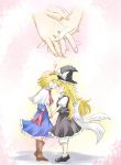  2girls alice_margatroid ascot blonde_hair bloomers blush boots braid capelet closed_eyes couple hairband hat heart holding_hands kirisame_marisa kiss long_hair multiple_girls non_(z-art) short_hair side_braid touhou underwear witch_hat yuri 