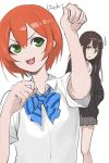  2girls :3 blue_bow bow bowtie crossover fang green_eyes hands_in_pockets hoshizora_rin idolmaster idolmaster_cinderella_girls long_hair long_sleeves looking_at_another love_live!_school_idol_project mossi multiple_girls namesake nyan open_mouth paw_pose school_uniform shibuya_rin short_hair short_sleeves simple_background sweatdrop white_background 