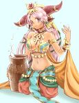  1girl animal_ears ankh armlet bangle bare_shoulders blue_eyes blush bracelet bracer breasts cleavage collarbone cow_ears cow_horns dark_skin egyptian hair_ornament hathor_(p&amp;d) horn_ring horns jar jewelry kneeling large_breasts long_hair matsuri_(matsuike) mound_of_venus navel necklace pink_hair puzzle_&amp;_dragons smile solo very_long_hair 