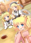  3girls :d ;d alice_cartelet bangs blonde_hair blue_eyes blunt_bangs blush bow cafe checkerboard_cookie color_connection company_connection cookie crossover cup food gochuumon_wa_usagi_desu_ka? hair_bow hair_bun hair_color_connection hair_ornament hair_stick hairband hairpin highres kin-iro_mosaic kirima_sharo kujou_karen long_hair looking_at_viewer looking_back manga_time_kirara multiple_girls one_eye_closed open_mouth saucer short_hair smile sparkle tea teacup teapot tile_floor tiles tray twintails uniform violet_eyes wooden_chair wooden_table zenon_(for_achieve) 
