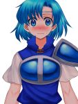  1girl 74 armor blue_eyes blue_hair blush breastplate embarrassed fire_emblem fire_emblem:_fuuin_no_tsurugi headband shirt short short_sleeves simple_background solo sweat sweatdrop tate 