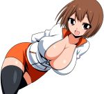  arms_behind_back black_legwear breasts brown_eyes brown_hair cleavage ginnyo huge_breasts looking_at_viewer open_mouth short_hair simple_background skirt smile thigh-highs white_background 