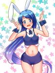  1girl alternate_costume animal_ears bare_shoulders blue_hair blush double_v floral_background kantai_collection long_hair looking_at_viewer midriff open_mouth rabbit_ears samidare_(kantai_collection) solo tennen_buri v wrist_cuffs 