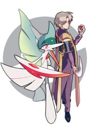  1boy back-to-back brown_eyes brown_hair gallade heshikiri_hasebe katana mega_gallade mega_pokemon poke_ball pokemon pokemon_(creature) ppo-p sode sword touken_ranbu weapon 