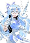  1girl blue_dress blue_eyes blue_hair bow cirno dress hair_bow ice ice_wings long_hair long_sleeves looking_at_viewer older open_mouth smile solo touhou tsuki_wani v very_long_hair wings 