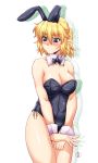  1girl alternate_costume animal_ears blonde_hair blush bowtie breasts bunnysuit cleavage detached_collar green_eyes highres large_breasts mizuhashi_parsee ootsuki_wataru pointy_ears rabbit_ears short_hair simple_background solo touhou white_background wrist_cuffs 