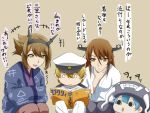  book character_request happi hat ishii_hisao kantai_collection military military_uniform multiple_girls mutsu_(kantai_collection) pantyhose shota_admiral_(kantai_collection) translation_request uniform 