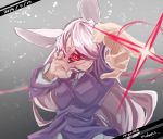  1girl animal_ears artist_name covering_one_eye dated english glowing glowing_eye gradient gradient_background jacket lavender_hair long_hair long_sleeves looking_at_viewer outstretched_arm rabbit_ears red_eyes reiga_(act000) reisen_udongein_inaba smirk solo teeth text touhou v vest 