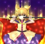  &gt;:) 1girl belt blonde_hair cape drawing_sword dress earmuffs glowing glowing_sword glowing_weapon layered_dress looking_at_viewer pointy_hair scabbard sheath short_hair solo sword teoi_(good_chaos) touhou toyosatomimi_no_miko weapon yellow_eyes 