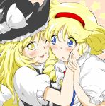  alice_margatroid ascot blonde_hair blue_eyes blush braid capelet couple hairband hand_on_another&#039;s_cheek hand_on_another&#039;s_face hat kirisame_marisa long_hair non_(z-art) one_eye_closed open_mouth short_hair side_braid tongue touhou witch_hat yellow_eyes yuri 