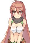  1girl ahoge arm_belt battery_aida_ni_misu_ga_deta blush breast_squeeze breasts brown_eyes brown_hair gloves long_hair looking_at_viewer navel sennen_sensou_aigis smile soma_(sennen_sensou_aigis) tubetop upper_body white_background 