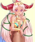 1girl :p animal_ears ankh armlet bangle bare_shoulders blush bracelet bracer breasts circlet cleavage cow_ears cow_horns dark_skin egyptian finger_to_mouth hair_ornament hathor_(p&amp;d) horn_ring horns jar jewelry jyukariko long_hair necklace pink_hair puzzle_&amp;_dragons silhouette simple_background smile solo tongue tongue_out very_long_hair violet_eyes yellow_background 