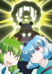  4girls ^_^ blonde_hair blue_eyes blue_hair breasts closed_eyes frog frog_hair_ornament glowing glowing_eyes green_hair hair_ornament hair_ribbon hat heterochromia kochiya_sanae long_hair mizuki_hitoshi moriya_suwako multiple_girls open_mouth red_eyes ribbon rope shimenawa short_hair silhouette smile snake sweatdrop tatara_kogasa touhou yasaka_kanako 