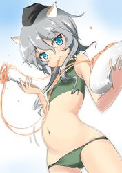  1girl :t animal_ears bare_shoulders blue_eyes blush cat_ears fork garrison_cap giuseppina_ciuinni green_panties grey_hair hat holding_fork holding_plate long_hair navel panties plate solo spaghetti strike_witches underwear yuzuyoukan 