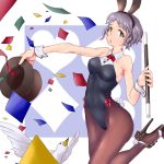  1girl animal_ears bare_shoulders bunny_tail bunnysuit confettie hat hat_removed headwear_removed high_heels highres idolmaster itsuki_(itsukiitsuki1) magic_trick makabe_mizuki pantyhose purple_hair rabbit_ears sheer_legwear short_hair solo stiletto_heels tail top_hat wand wrist_cuffs yellow_eyes 