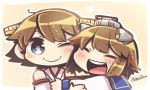  2girls :d ^_^ bare_shoulders brown_hair chibi closed_eyes commentary_request hiei_(kantai_collection) kantai_collection long_sleeves multiple_girls nontraditional_miko one_eye_closed open_mouth reimu9 sailor_dress short_hair smile yukikaze_(kantai_collection) 