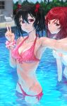  2girls absurdres armpits bikini black_hair bow breasts cleavage collarbone front-tie_bikini front-tie_top hair_bow highres lips long_hair looking_at_viewer love_live!_school_idol_project mossi mound_of_venus multiple_girls navel nishikino_maki pool red_eyes redhead self_shot short_hair smile swimsuit twintails v violet_eyes wet wet_clothes wet_hair wet_swimsuit wrist_cuffs yazawa_nico 