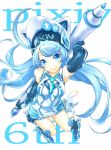 1girl blue_eyes blue_hair from_above hat highres pen pixiv pixiv-tan solo stylus wedo 