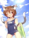  1girl animal_ears blue_sky brown_hair cat_ears chen clouds couch ear_piercing fang ibarashiro_natou jewelry multiple_tails nekomata off_shoulder one_eye_closed open_mouth piercing red_eyes school_swimsuit single_earring sky solo swimsuit tail touhou towel wet 