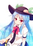  1girl beni_shake blush collared_shirt food food_on_head fruit fruit_on_head hat hinanawi_tenshi layered_dress long_hair looking_at_viewer looking_up object_on_head peach pout red_eyes shirt solo sun_hat touhou very_long_hair 