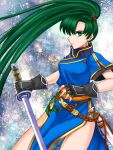  1girl 74 china_dress chinese_clothes earrings female fingerless_gloves fire_emblem fire_emblem:_rekka_no_ken gloves green_eyes green_hair holding_sword jewelry long_hair lyndis_(fire_emblem) ponytail serious side_slit solo sword very_long_hair weapon 