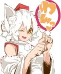  1girl animal_ears detached_sleeves hat heart inubashiri_momiji japanese_clothes long_sleeves looking_at_viewer one_eye_closed open_mouth paw_pose pom_pom_(clothes) reiga_(act000) shirt short_hair simple_background smile solo string text tokin_hat touhou upper_body white_background white_hair wide_sleeves wolf_ears yellow_eyes 