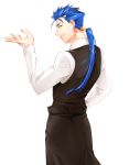  1boy absurdres blue_hair earrings fate/stay_night fate_(series) highres jewelry lancer long_hair ponytail red_eyes ryugun solo vest waistcoat waiter 