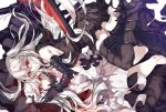  2girls aircraft_carrier_oni armored_boots black_dress boots covered_mouth dress gauntlets horns kantai_collection long_hair midway_hime motyo1964 multiple_girls one_side_up pale_skin red_eyes sailor_dress shinkaisei-kan short_dress thigh-highs thigh_boots very_long_hair white_dress white_hair white_skin zettai_ryouiki 