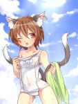  1girl animal_ears blue_sky brown_hair cat_ears chen clouds couch ear_piercing fang ibarashiro_natou jewelry multiple_tails nekomata off_shoulder one_eye_closed open_mouth piercing red_eyes school_swimsuit single_earring sky solo swimsuit tail touhou towel wet white_school_swimsuit white_swimsuit 