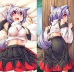  1girl against_tree animal_ears armpits ass back blush breasts detached_sleeves frown fun_bo inubashiri_momiji long_skirt looking_at_viewer lying midriff navel nervous no_hat on_back on_bed open_mouth pom_pom_(clothes) red_eyes short_hair silver_hair skirt solo tail tareme touhou tree wavy_mouth wolf_ears wolf_tail 