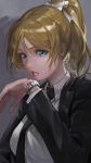  1girl alternate_costume ayase_eli blonde_hair blue_eyes dress_shirt earrings formal hand_up jewelry lipstick looking_at_viewer love_live!_school_idol_project makeup mossi pant_suit parted_lips ponytail red_lipstick shirt short_hair solo suit upper_body watch watch white_shirt 