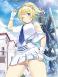  1girl ayase_eli bare_arms beach blonde_hair blue_eyes breasts building clouds fingerless_gloves gloves hat homura_k looking_at_viewer love_live!_school_idol_project necktie one_eye_closed panties pantyshot pleated_skirt ponytail skirt sky sleeveless solo t-shirt thighs tree underwear 