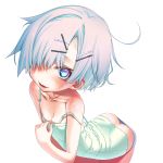  1girl absurdres ass blue_eyes blush freckles hair_ornament hair_over_one_eye hairclip highres huge_filesize looking_at_viewer open_mouth original sakuya_tsuitachi shirt_tug short_hair silver_hair solo sweat wavy_mouth 