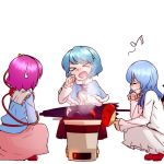  &gt;_&lt; 3girls bat_wings blue_hair capelet closed_eyes fan grill grilling hairband heart kameyan karakasa_obake komeiji_satori multiple_girls musical_note open_mouth paper_fan pink_hair purple_hair remilia_scarlet short_hair skirt smile smoke squatting sweatdrop tatara_kogasa tears third_eye tongue touhou umbrella wings x_x 