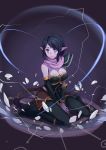  1girl absurdres bare_shoulders black_gloves black_hair blue_eyes breasts cleavage defense_of_the_ancients dota_2 elbow_gloves facial_mark forehead_mark frostcyco gloves highres lanaya long_hair parted_lips pointy_ears purple_skin shoulder_pads sitting solo 